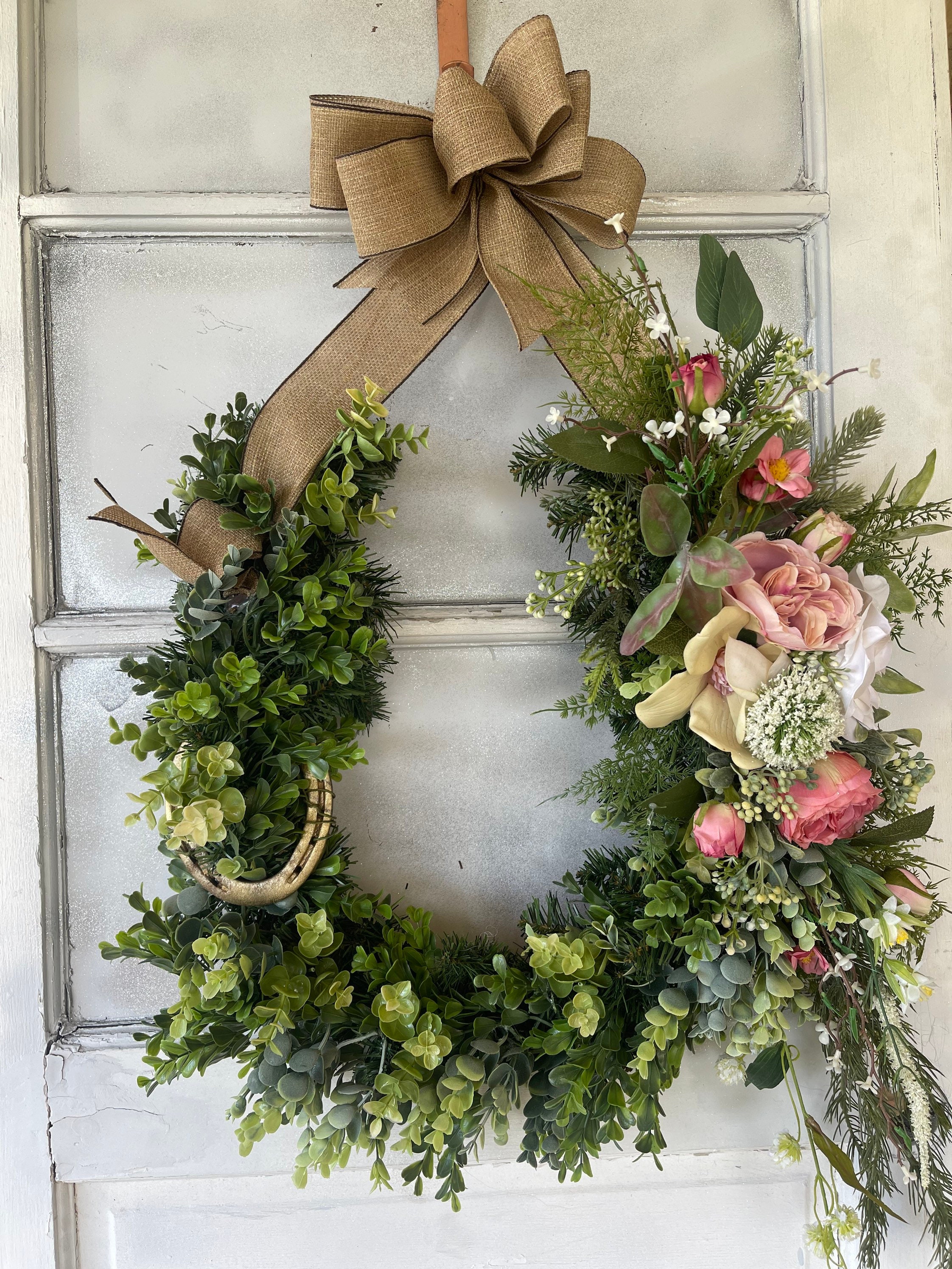 Horseshoe Good Luck Wreath - Boxwood and Rose Horseshoe Wreath