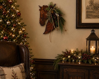 Decoración rústica navideña de cabeza de caballo de madera y pino y cuero. Decoración de pared de puerta de granero de cuero para el hogar - Decoración de cuero para el hogar para amantes de la equitación