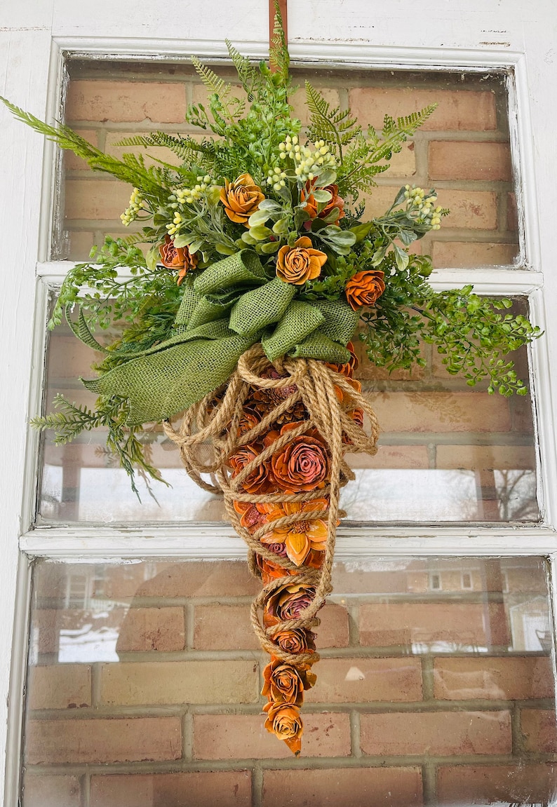 Rustic Organic Carrot Wreath Wood Flower Burlap Rope Bow Easter Door Hanger EXPRESS Shipping Available image 2