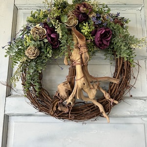 Tree of Life w/ Braided Wood Knots . Flowering Tree of Life LARGE Abundant Floral Wreath - Front Door Tree Art Hanger - Family Tree