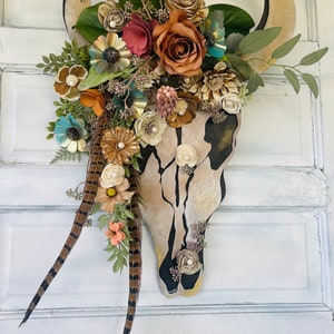 Southwestern Sugar Skull Wreath with Wood Flowers, Pearls and Feathers - Rustic Farmhouse Home Decor - Floral Wall Hanging - Wood Work Art