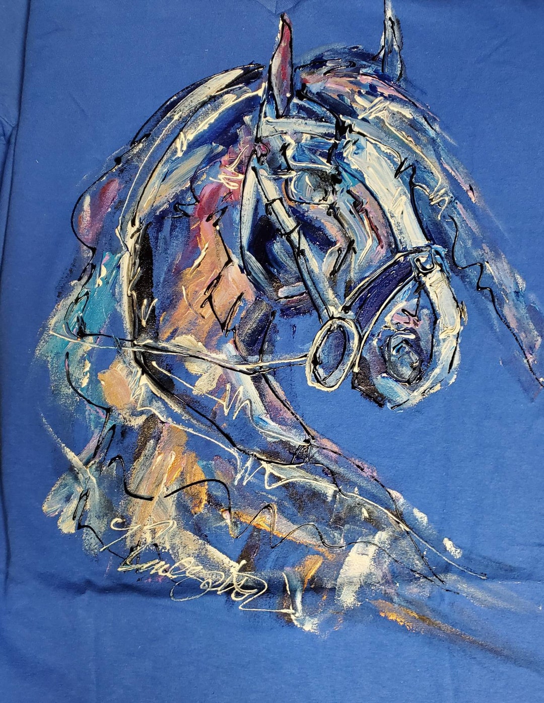 Majestic Hand Painted Black Horse Head Tshirt Blue Heaven Collection