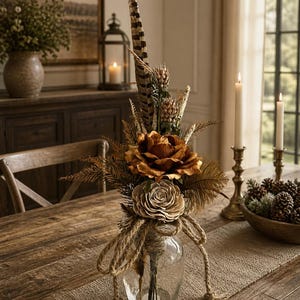 Custom Pheasant Feather Wedding Mason Jar Centerpiece Floral Arrangement - Wedding Party Table Accessories - Rustic Farmhouse Wedding Decor