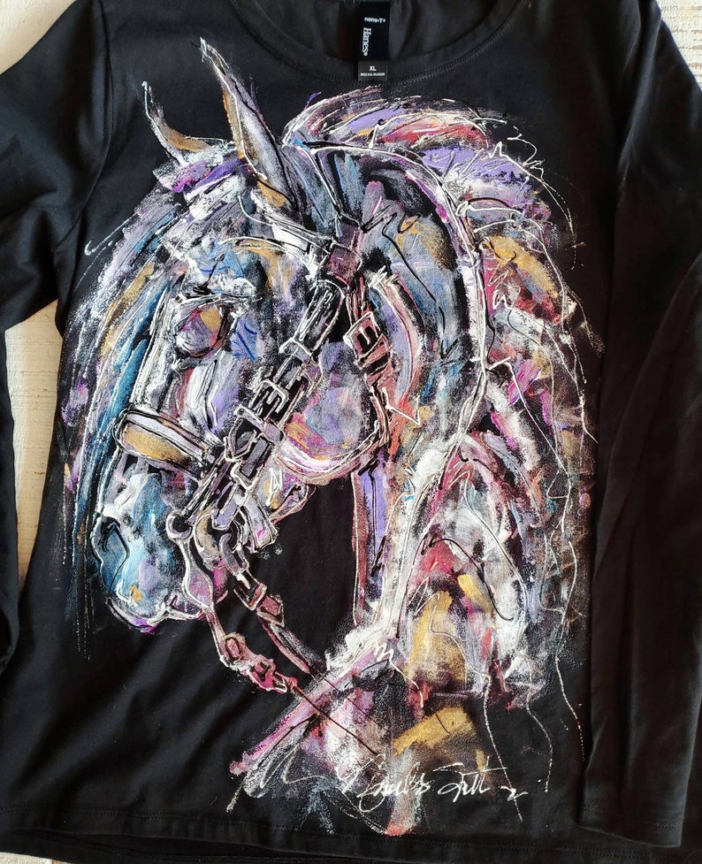 Dressage Horse Head Ladies Hand Painted Shirt Unique Equestrian Apparel Gift image 3