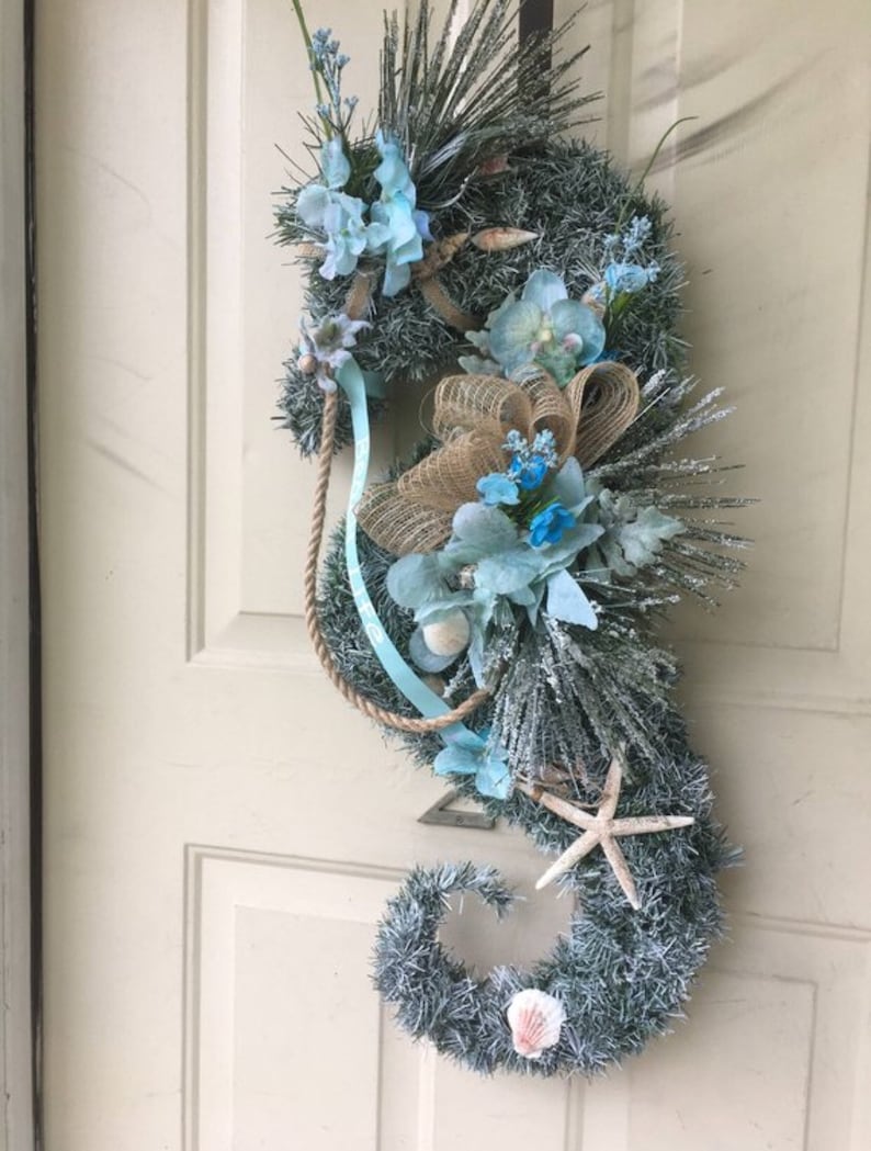 Seahorse Wreath Beach Life Wreath Beach Horse Wreath Shell and Starfish Door Hanger Ocean Dwellers Decor image 1