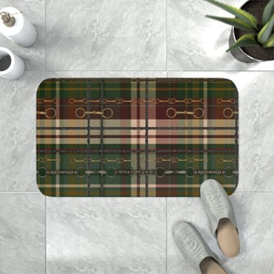Christmas Plaid with Snaffle Bit  artwork Memory Foam Bath Mat