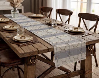Elegante runner da tavolo con filetto a righe blu grigio beige crema a forma di cavallo equestre (cotone, poliestere), set da pranzo per arredamento equestre