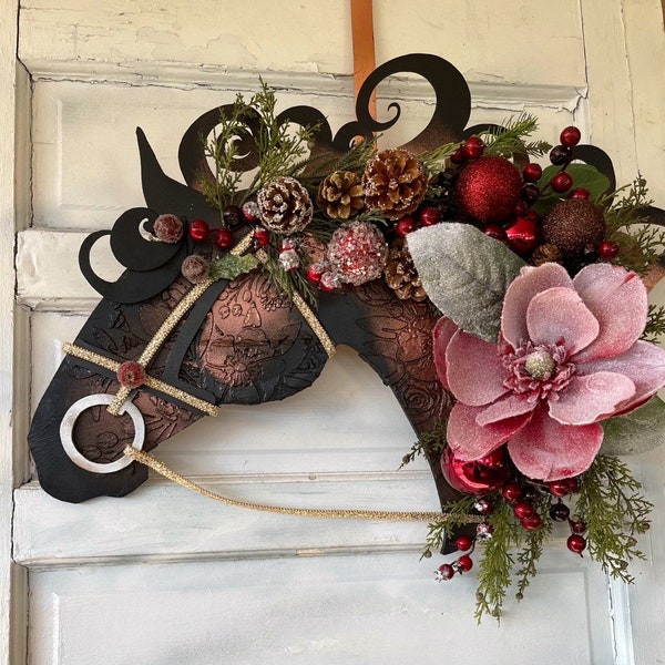 Christmas Red Magnolia Running Horse Wreath- Custom Colors Available - Multi-Media Equestrian Art - Whimsical Horse Head wreath