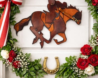 Decoración de pared de cuero con diseño de caballo de carreras, colgador de puerta rústico ecuestre.