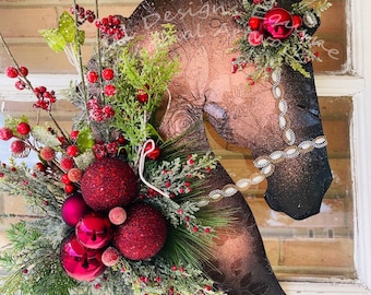 Christmas Dressage Wood Horse Head Wall Decor - Metallic Look Horse Wreath - Custom Colors Available - Multi-Media Equestrian Art-Pattern