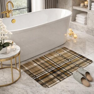 Tan Mustard cream Plaid with Snaffle Bit  artwork Memory Foam Bath Mat