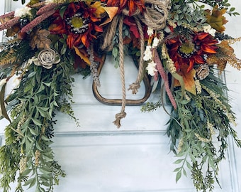 Autumn Sunflower Swag Wreath with Horseshoe - Rustic Sunflower Fall Wreath - Equestrian Decor - Farmhouse Swag with English Western Stirrup