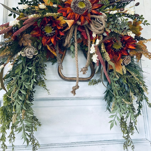Autumn Sunflower Swag Wreath with Horseshoe - Rustic Sunflower Fall Wreath - Equestrian Decor - Farmhouse Swag with English Western Stirrup