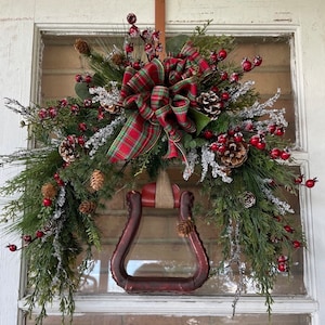 Berry Equestrian Christmas Horse Western Stirrup wreath- Icy Pine, Plaid Ribbon Horse Wreath - Horse Lovers Christmas Gift