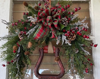 Berry Equestrian Christmas Horse Western Stirrup wreath- Icy Pine, Plaid Ribbon Horse Wreath - Horse Lovers Christmas Gift