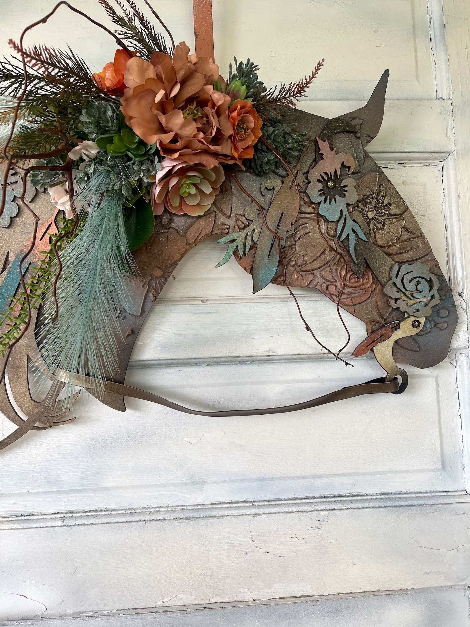 Indian Feather Flower Southwestern Wood Horse Head Wall Decor Etsy