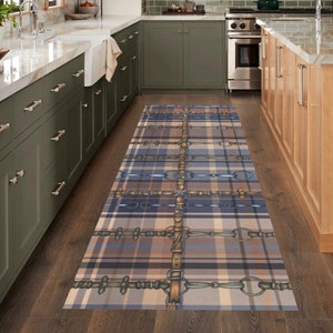 Blue Farmhouse Equestrian Reins and Snaffle Bits Runner Rug - Shimmer Rug With Rubber Backing - Equine Home - Horse Lovers Gift