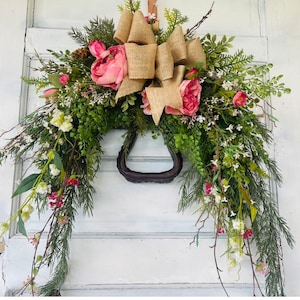 Everyday Country Western Swag Wreath - Farmhouse Decor - Western Stirrup Cowgirl Wreath - Rustic Country Living Swag - Mixed Greenery