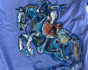 Ladies Jumping Hunter Horse Hand Painted Riding T-shirt - Blue Heaven Collection