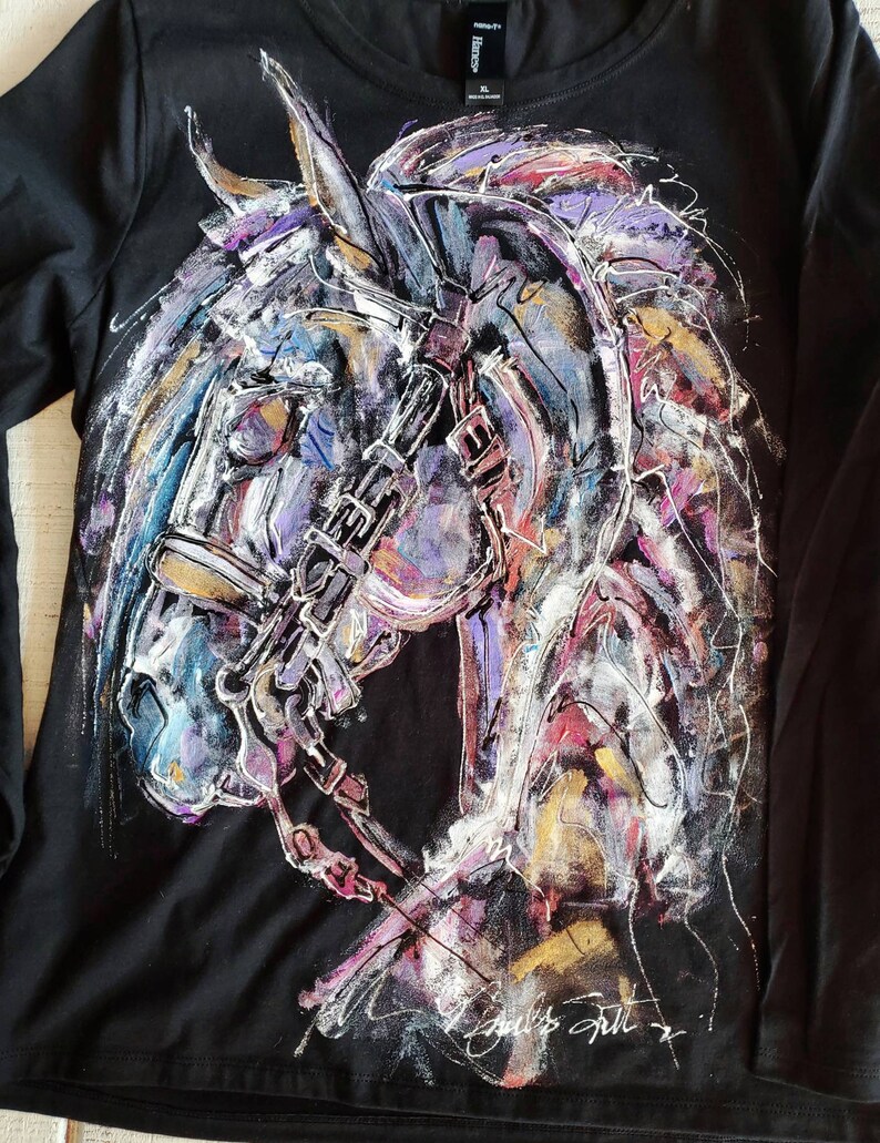 Dressage Horse Head Ladies Hand Painted Shirt Unique Equestrian Apparel Gift image 2