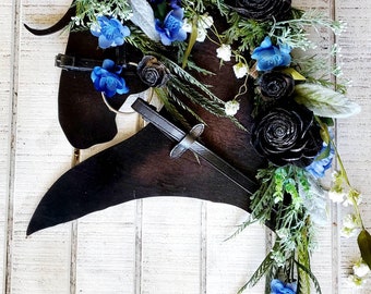 Baroque Wood Horse Head Wreath - Black Friesian Leather Door Hanger - Draft Horse Lover - Farmhouse Wall Decor - Customizable Colors