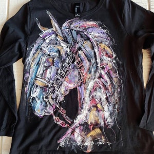 Dressage Horse Head Ladies Hand Painted Shirt Unique Equestrian Apparel Gift image 4