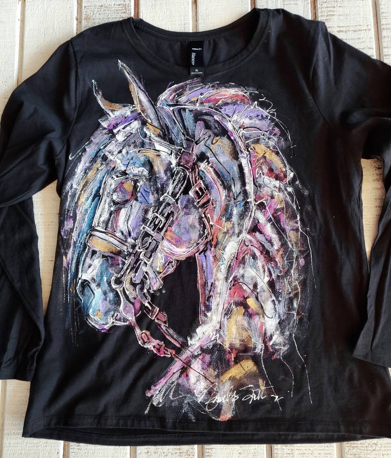 Dressage Horse Head Ladies Hand Painted Shirt Unique Equestrian Apparel Gift image 4