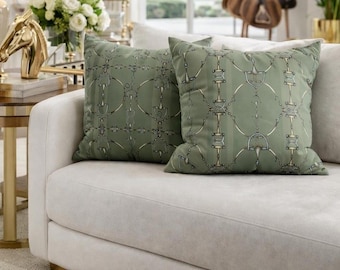 Equestrian Pillow Cover: Sage Green Snaffle Bit Pattern, Double Sided