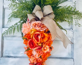 Orange Tulip Rose and Various Flowers Carrot Wreath - Easter Spring Wreath - Express Shipping Available!