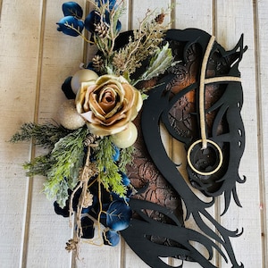Friesian Wood Horse Head Wreath or Wall Decor - Baroque Horse Lover - Christmas Floral Front Door Hanger - Multi-Media Equestrian Art