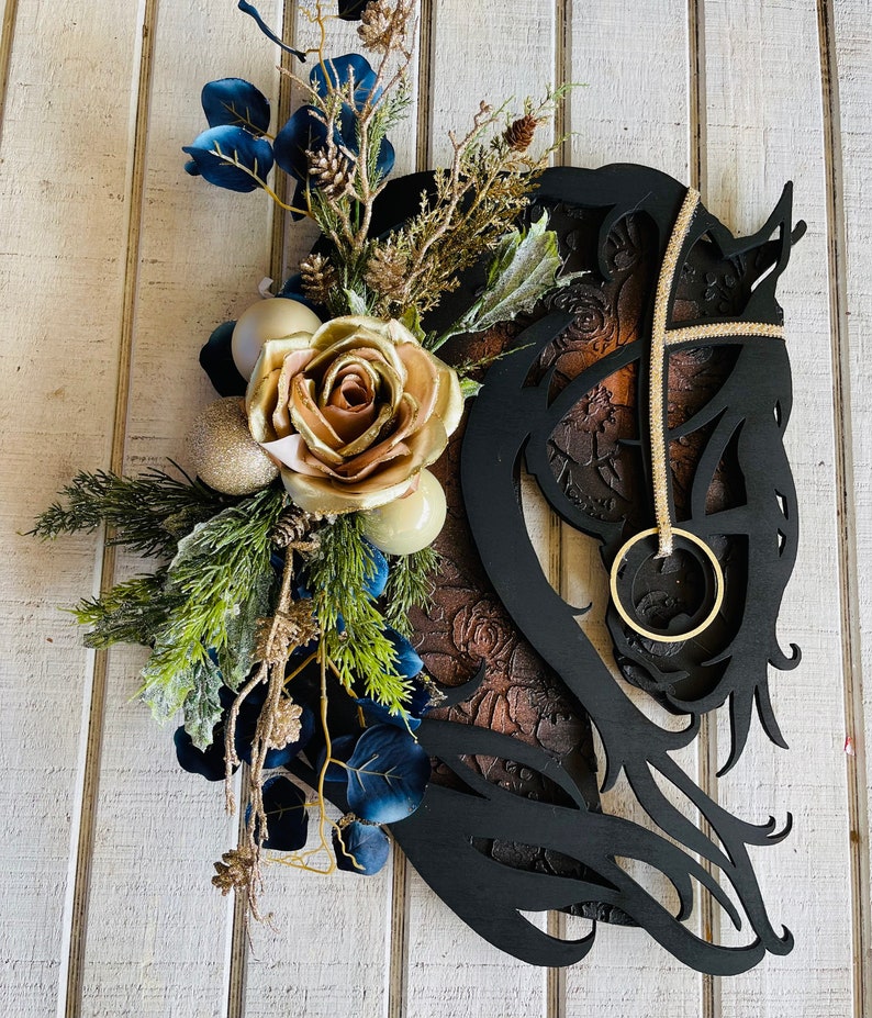 Christmas Friesian Horse Head Wreath or Wall Decor Baroque Horse Lover Christmas Floral Front Door Hanger Multi-Media Equestrian image 2