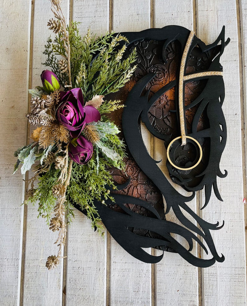 Christmas Friesian Horse Head Wreath or Wall Decor Baroque Horse Lover Christmas Floral Front Door Hanger Multi-Media Equestrian image 3