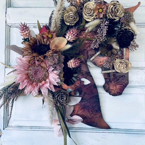 Dusty PinK  Autumn/EveryHorse EveryDay Horse Head Wreath/Wall Decor - Floral Front Door Hanger - Multi-Media Horse Art