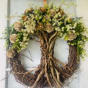 Tree of Life w/ Braided Wood Knots . Flowering Tree of Life LARGE Abundant Floral Wreath - Front Door Tree Art Hanger - Family Tree