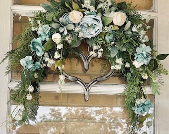 Heart Horseshoe Crescent Swag Equestrian Wreath - Farmhouse Front Door Decor - Spring Country Home Decor - Blue Floral Cowgirl Door Hanger