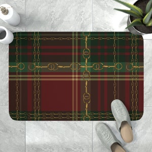 Christmas Hunter and Red Green Plaid with Snaffle Bit  Artwork Memory Foam Bath Mat