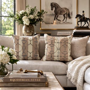 Snaffle Bit and Leather strap Beige Stripe Double sided equestrian bit pattern Polyester PILLOW CASE  Pillow Cover Provide your own insert