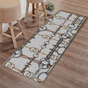 Equestrian Reins and Snaffle Bits Runner Rug - Light Gray Shimmer Rug With Rubber Backing - Equine Home - Horse Lovers Gift