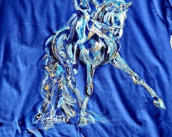 Ladies Hand Painted Blue Horse Dressage T-shirt - Blue Heaven Collection - Equestrian Fashion - BEST SELLER!