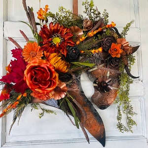 Orange Rust Autumn Horse Head Wreath with Wood and Silk Flowers - SunFlower Equestrian Door Hanger