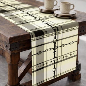 Equestrian Black Cream Ivory plaid with Bit design artwork overlay Motif Table Runner Trademark Pending