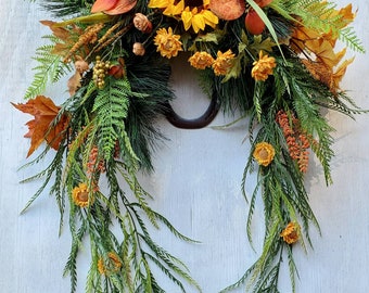 Autumn Sunflower Swag Wreath with Horseshoe - Rustic Sunflower Fall Wreath - Equestrian Decor