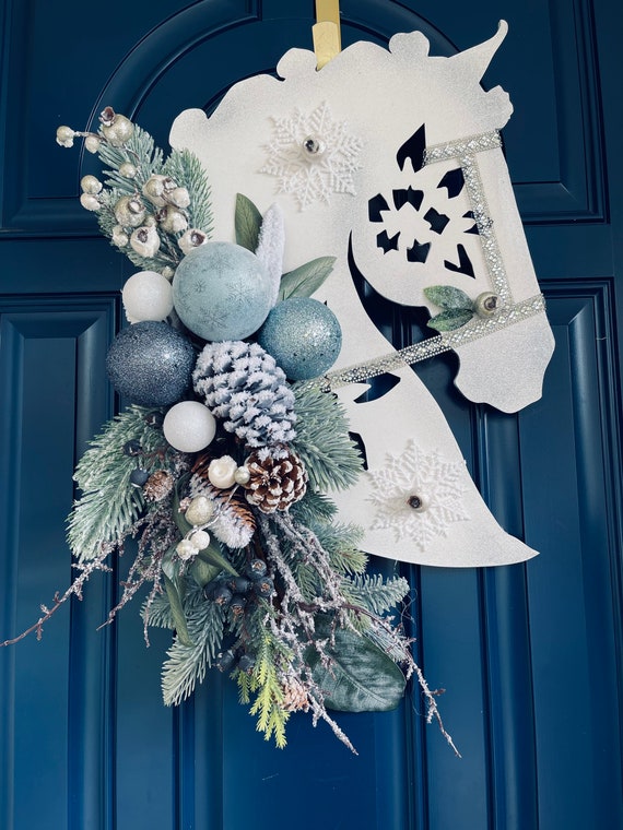 クリスマス ドレッサージュ 木製 馬の頭 壁飾り - ホワイト ブルー 馬