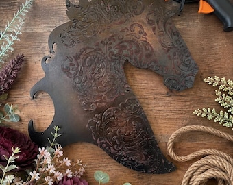 Leather Look Wood Flower Wood Horse - Pattern and Rope BLANK DIY - Faux Leather Western Tooled Cowboy Art - Decorated Available
