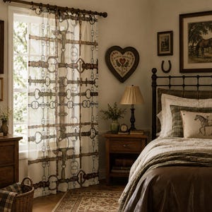 May include: A sheer window curtain panel featuring a repeating print of brown and silver equestrian bits, bridles, and metal rings arranged in a grid pattern against a light cream background, suspended from a dark wooden curtain rod with rings.