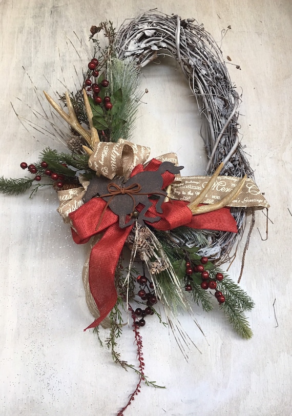 Rustic Cowboy Christmas With Antlers Rustic Equestrian Wreath Etsy
