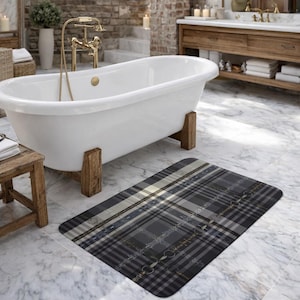 Black and Gray Plaid with Snaffle Bit  Artwork Memory Foam Bath Mat