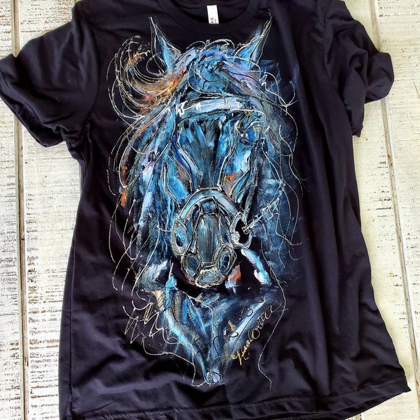 Black Friesian Horse Equestrian Riding Hand Painted Ladies T-shirt - Baroque Horse Shirt - Blue Horse Heaven Collection