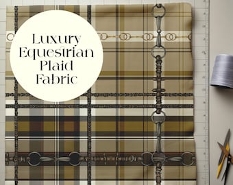 Mustard Plaid Equestrian Fabric Luxury Equine Art for Upholstery Custom Home Decor and Sewing Projects 42x36 inches Pure Cotton