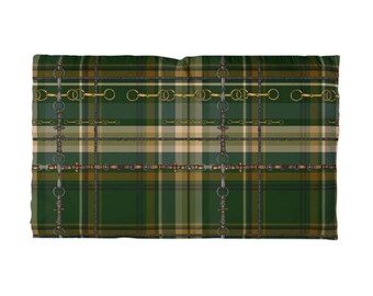 Equestrian Plaid Microfiber Pillowcase | Green Tartan with Bit Chain